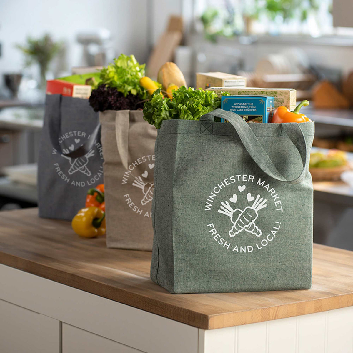 Recycled Twill Grocery Tote with Bottom Board, 5 oz - Dark Green - Lifestyle