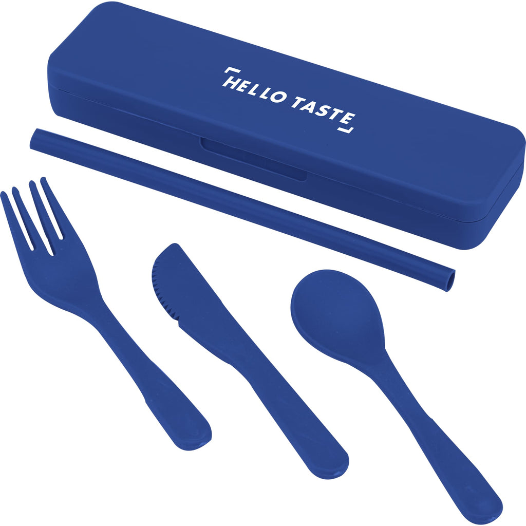 Recycled Utensil Set with Case and Silicone Straw - Blue - Left Angle
