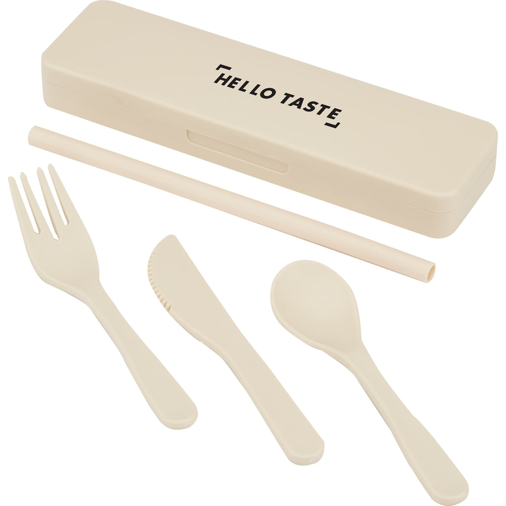 Recycled Utensil Set with Case and Silicone Straw - Cream - Left Angle