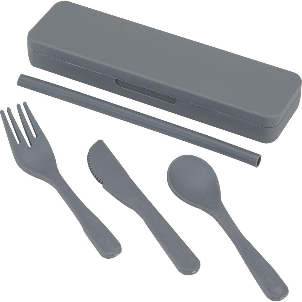 Recycled Utensil Set with Case and Silicone Straw - Gray - Left Angle 2