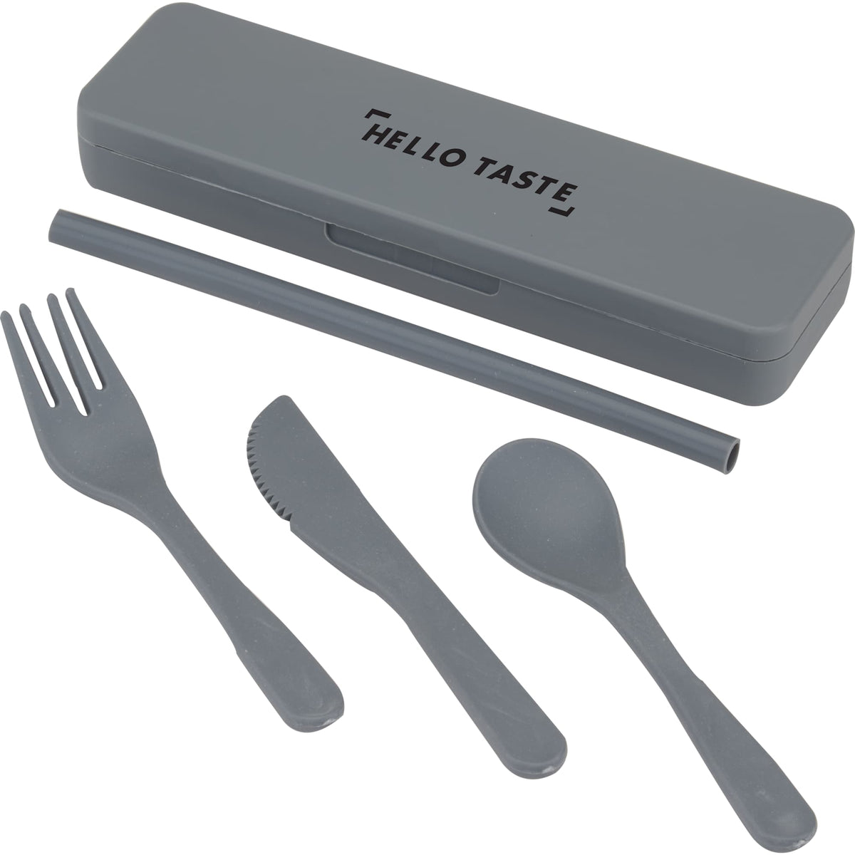 Recycled Utensil Set with Case and Silicone Straw - Gray - Left Angle