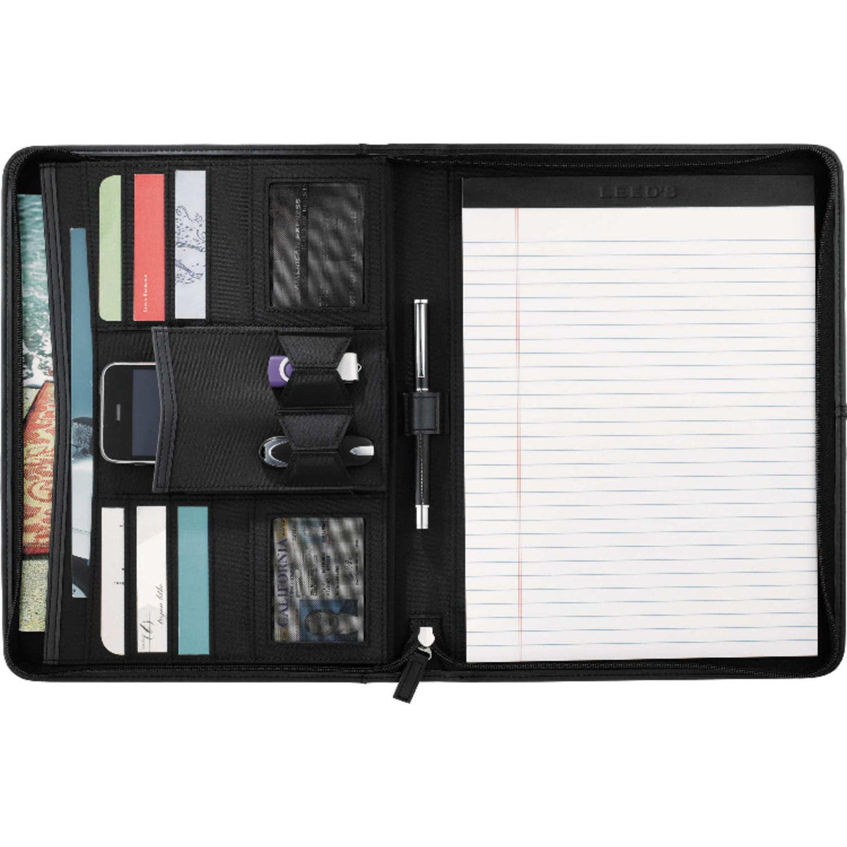 Recycled Zippered Padfolio with Two ID Windows Debossing - Black - Front 2