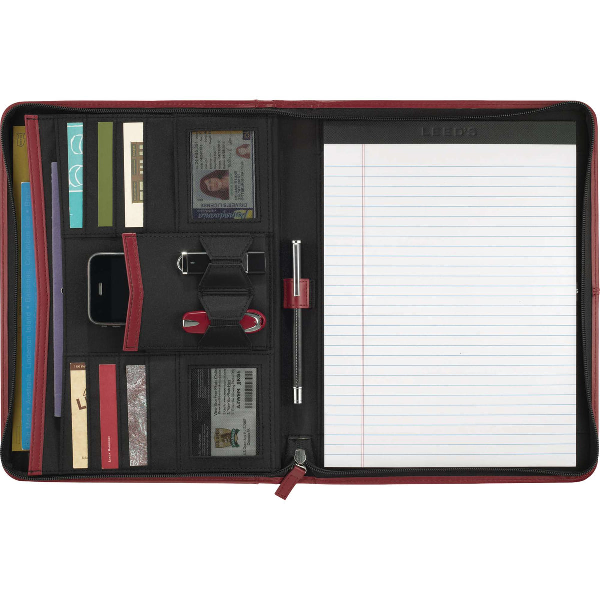 Recycled Zippered Padfolio with Two ID Windows Debossing - Red - Front 3