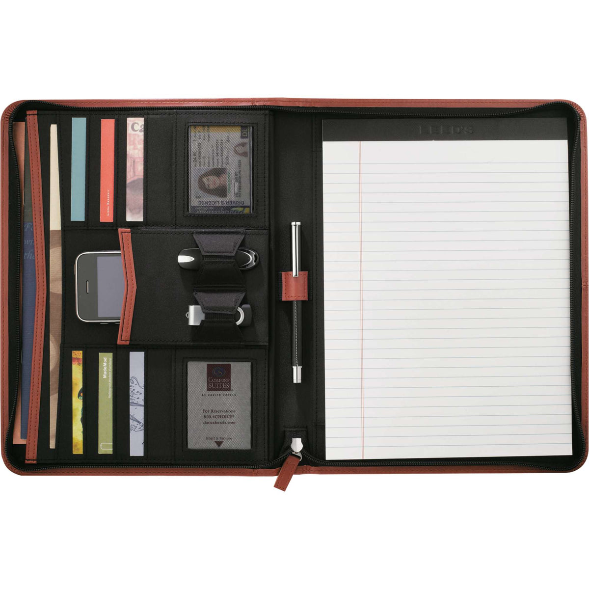 Recycled Zippered Padfolio with Two ID Windows Debossing - Terra Cotta - Front 3