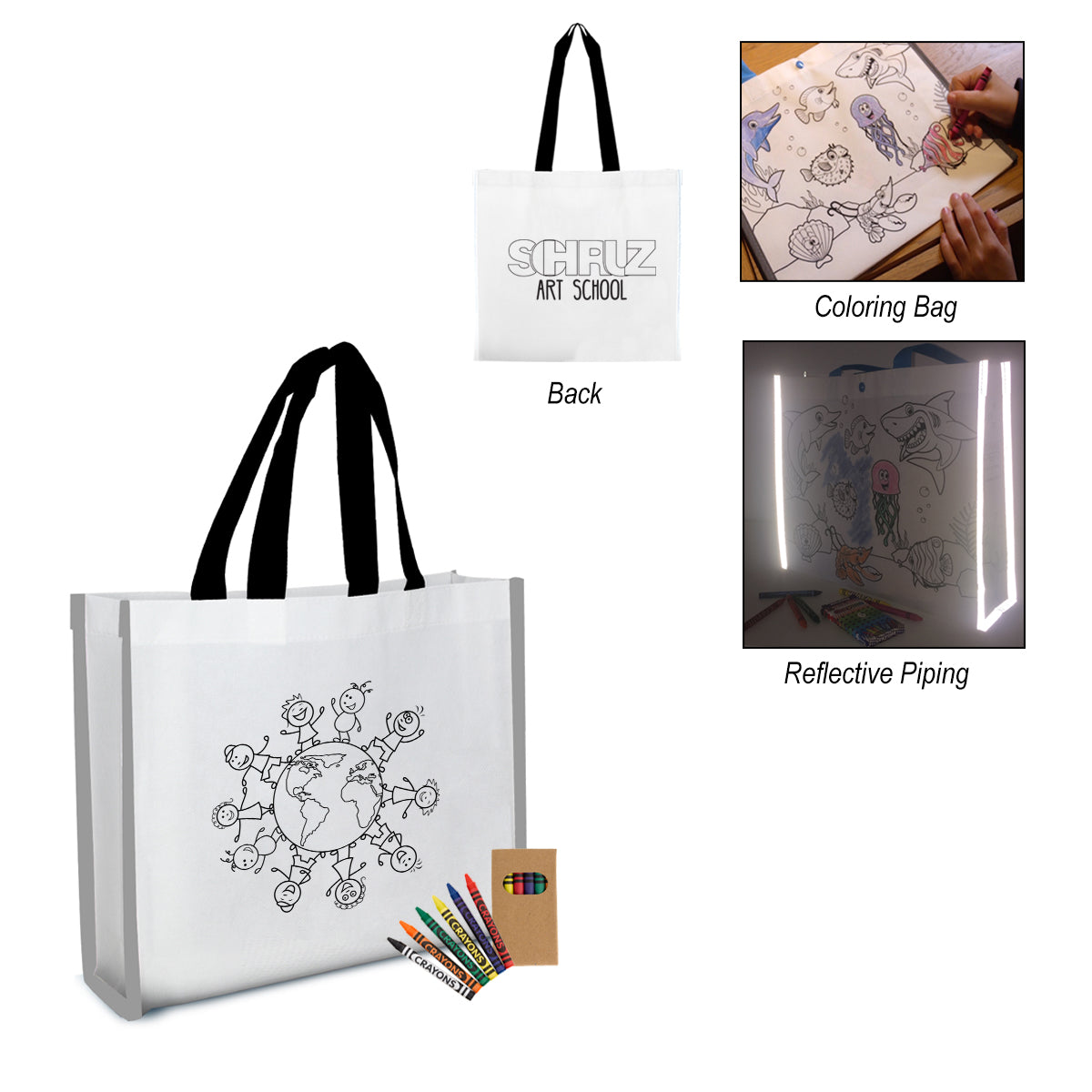Reflective Coloring Tote Bag with Crayons, Non-Woven