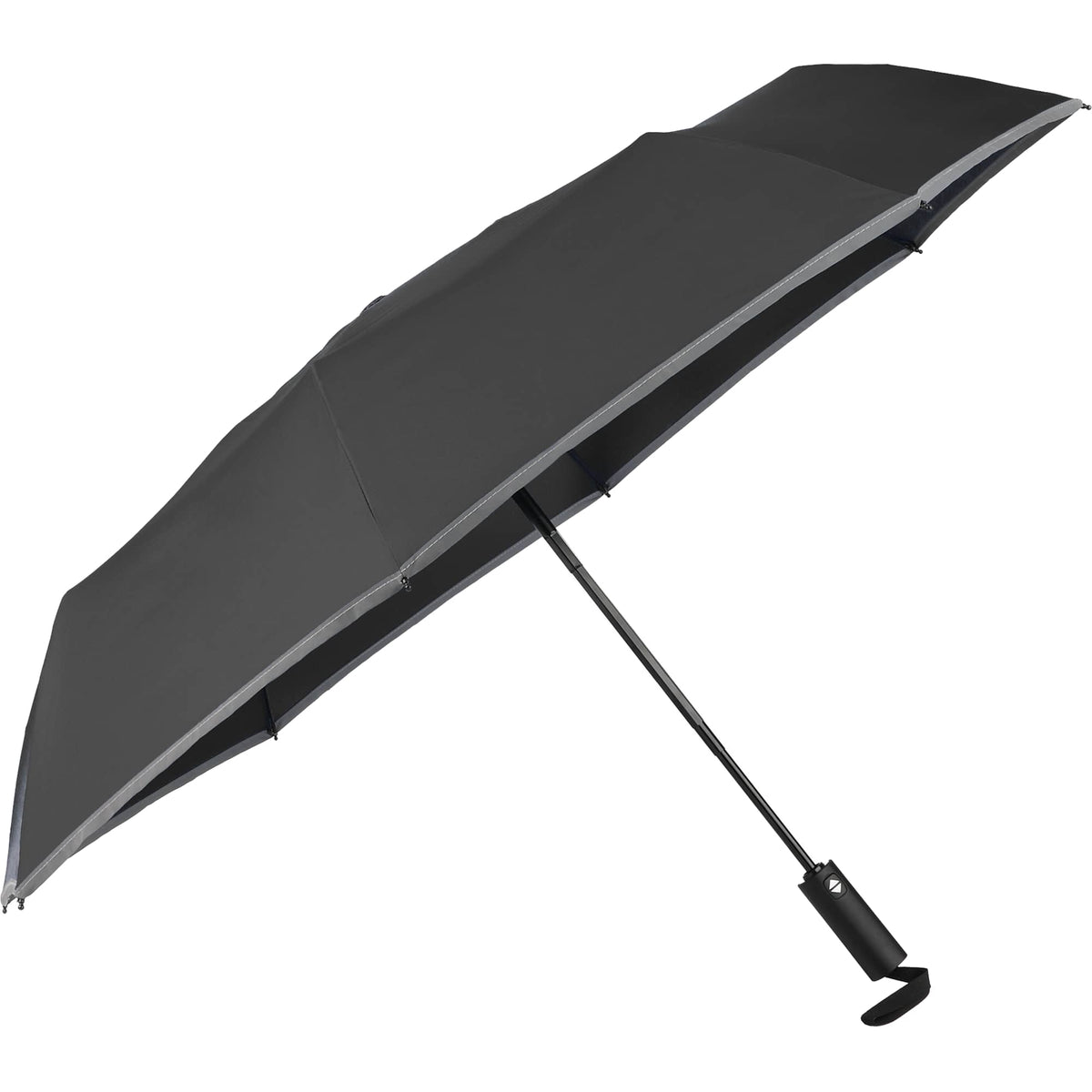 Reflective Trim Auto Umbrella in Recycled Fabric, 48 Inch Transfer - Black - Left Angle