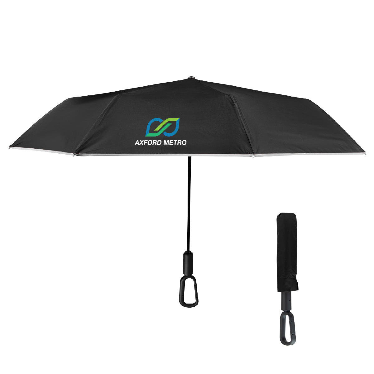 Reflective Umbrella with Carabiner Handle, 46 Inch Arc - Black - Colorbrite