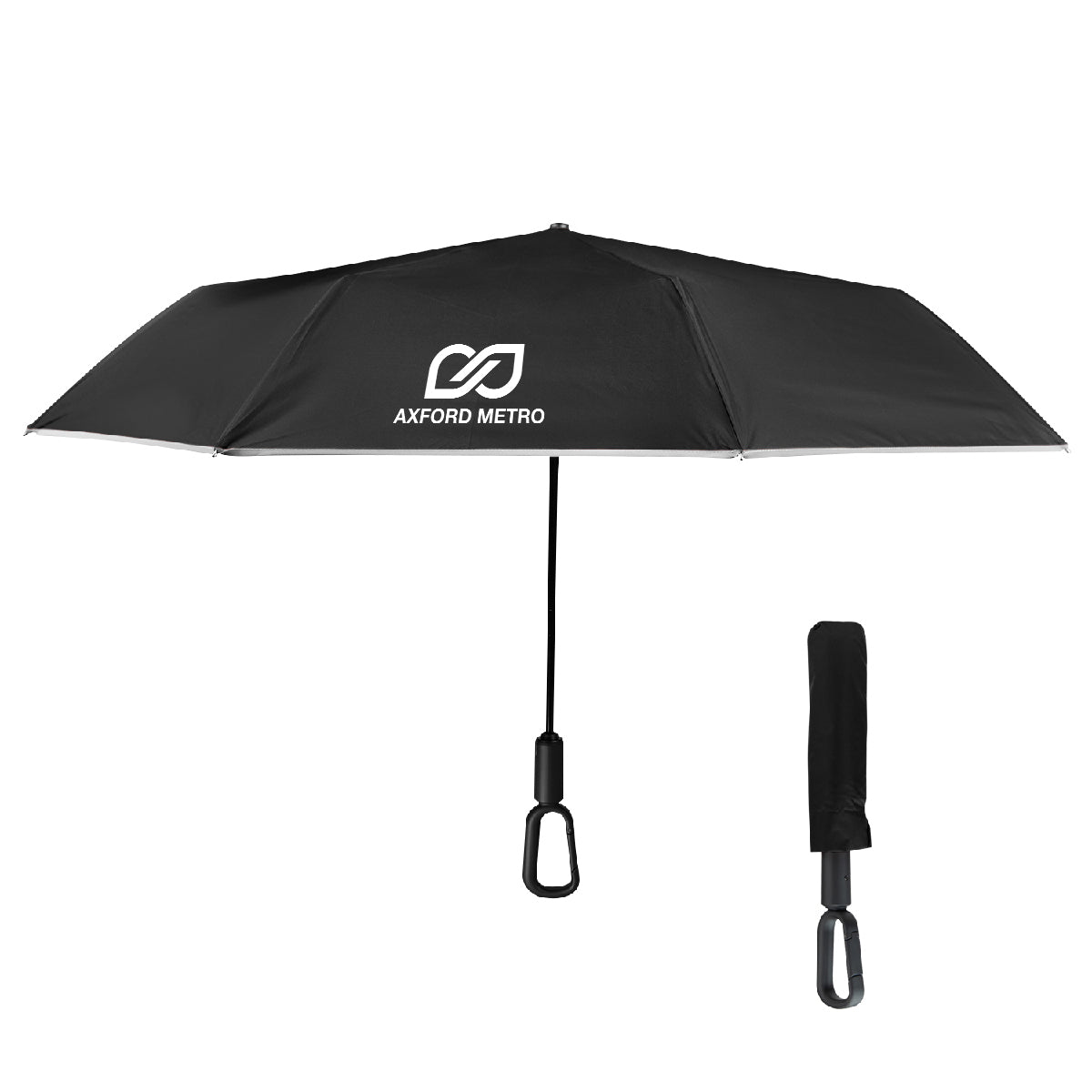 Reflective Umbrella with Carabiner Handle, 46 Inch Arc - Black - Silk Screen
