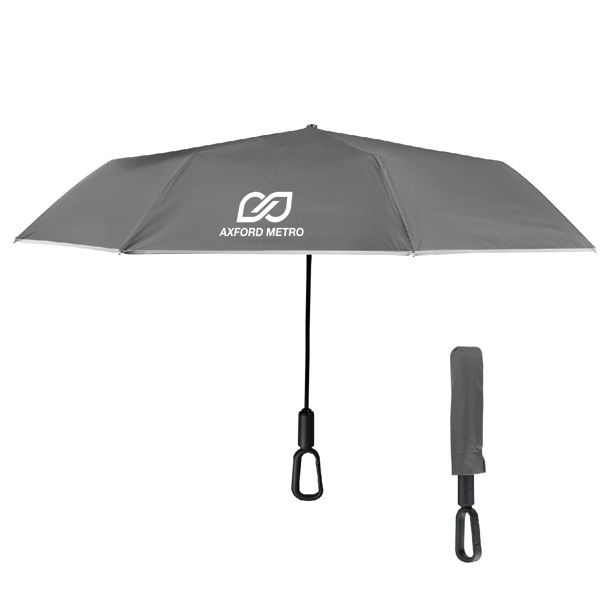 Reflective Umbrella with Carabiner Handle, 46 Inch Arc - Gray - Silk Screen