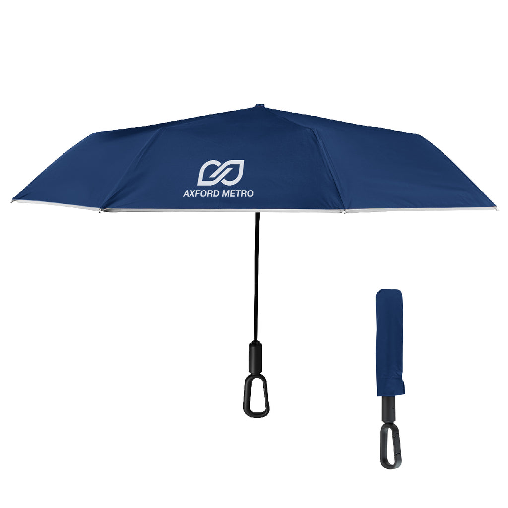 Reflective Umbrella with Carabiner Handle, 46 Inch Arc - Navy - Silk Screen