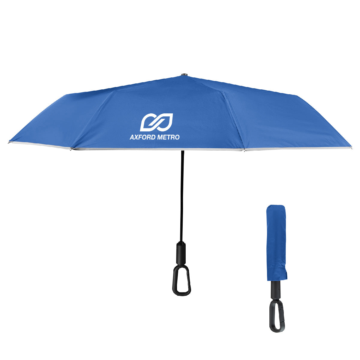 Reflective Umbrella with Carabiner Handle, 46 Inch Arc - Royal Blue - Silk Screen