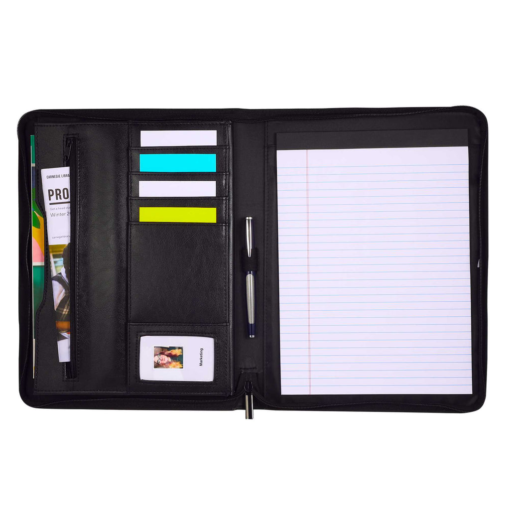 Renaissance Zippered Padfolio in Recycled Leather Debossing - Black - Front 2
