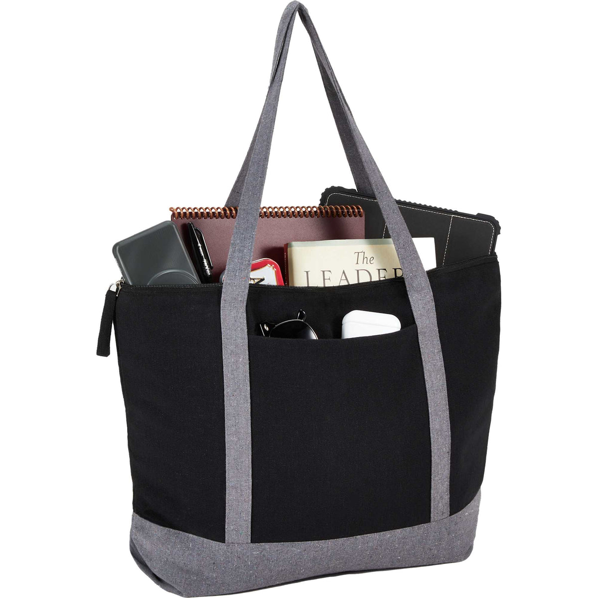 Repose Color Block Zippered Tote, 10 oz Embroidery - Black - Right Angle