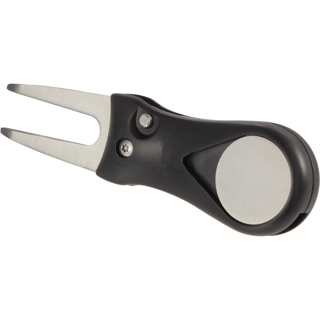 Retractable Divot Repair Tool with Magnetic Ball Marker Laser Engraving - Black - Front Left Angle
