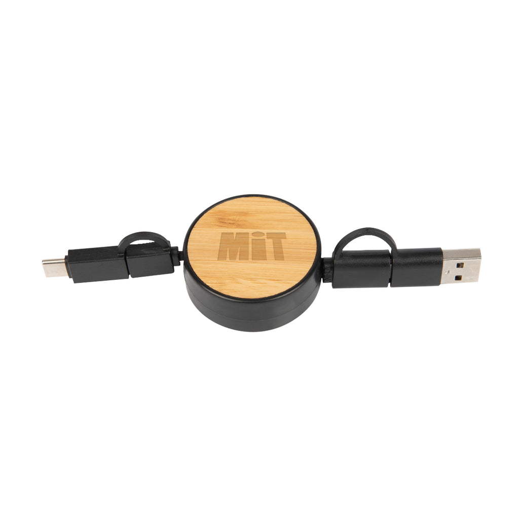 Retractable Three-Way Charging Cable in Bamboo - Laser Engraving