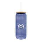 Ribbed Borosilicate Glass Can with Bamboo Lid, 20 oz - Blue - Silk Screen