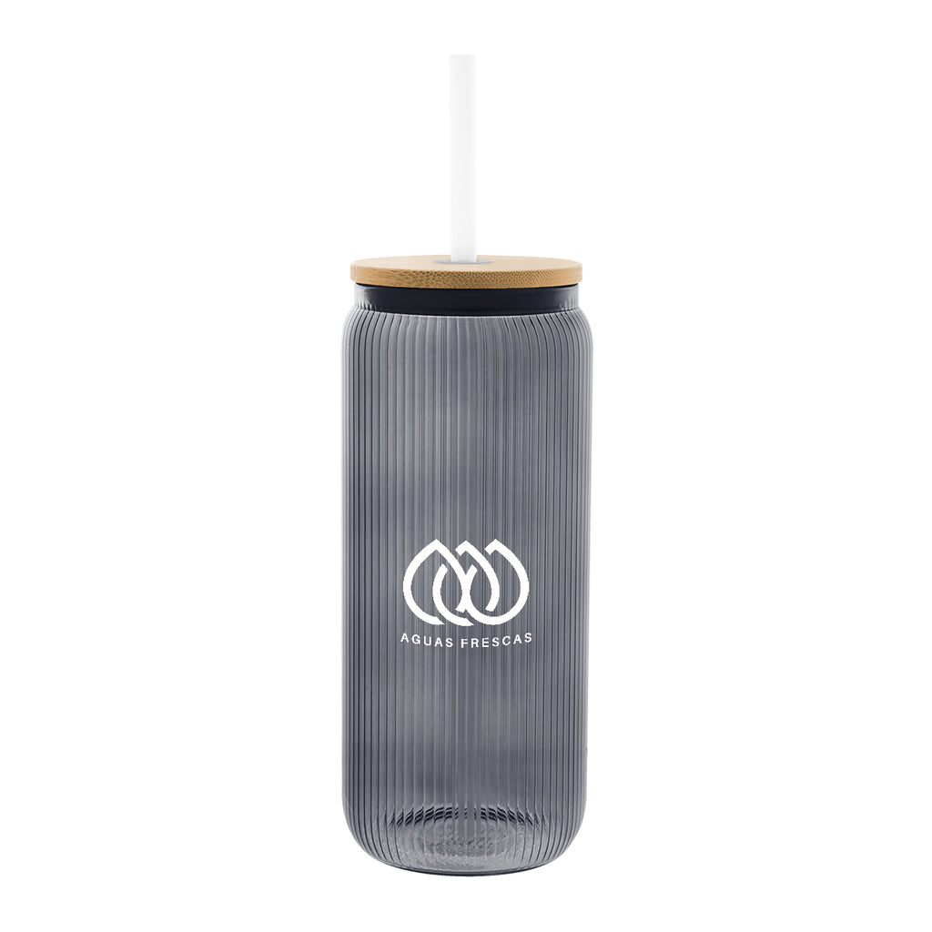 Ribbed Borosilicate Glass Can with Bamboo Lid, 20 oz - Charcoal - Silk Screen