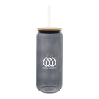 Ribbed Borosilicate Glass Can with Bamboo Lid, 20 oz - Charcoal - Silk Screen