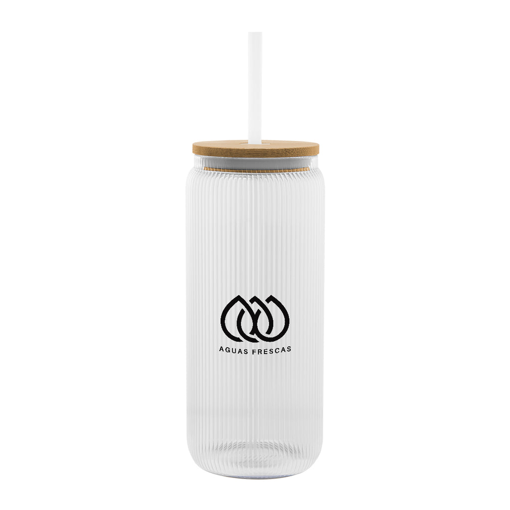 Ribbed Borosilicate Glass Can with Bamboo Lid, 20 oz - Clear - Silk Screen