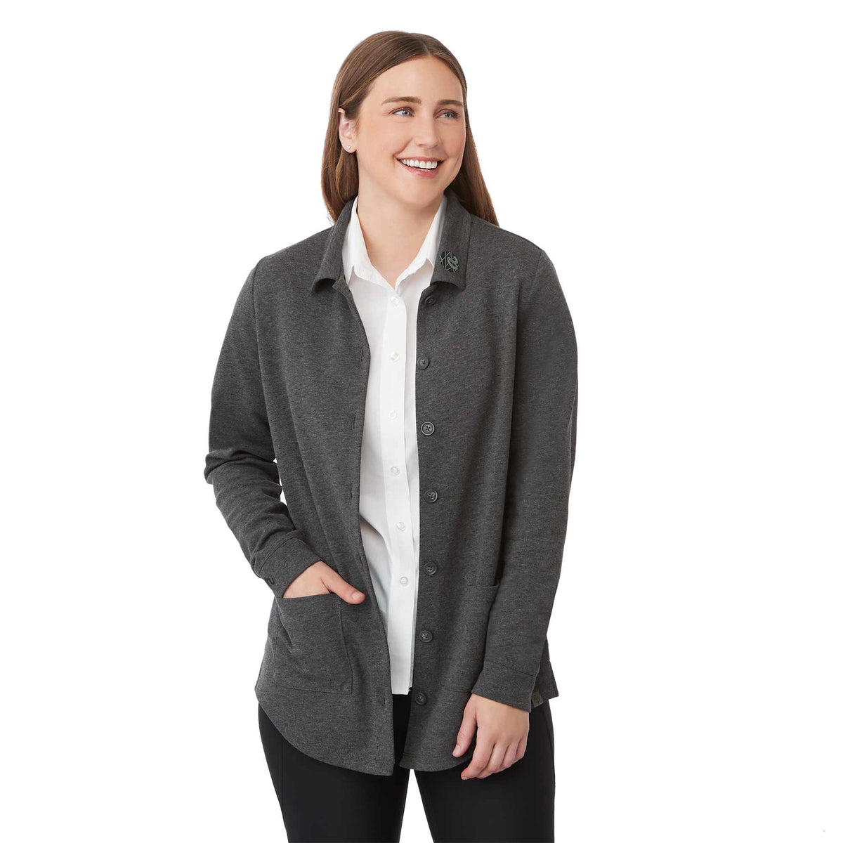 Rigi Eco Knit Button Cardigan for Women Transfer - Heather Dark Charcoal - On Model Front 2