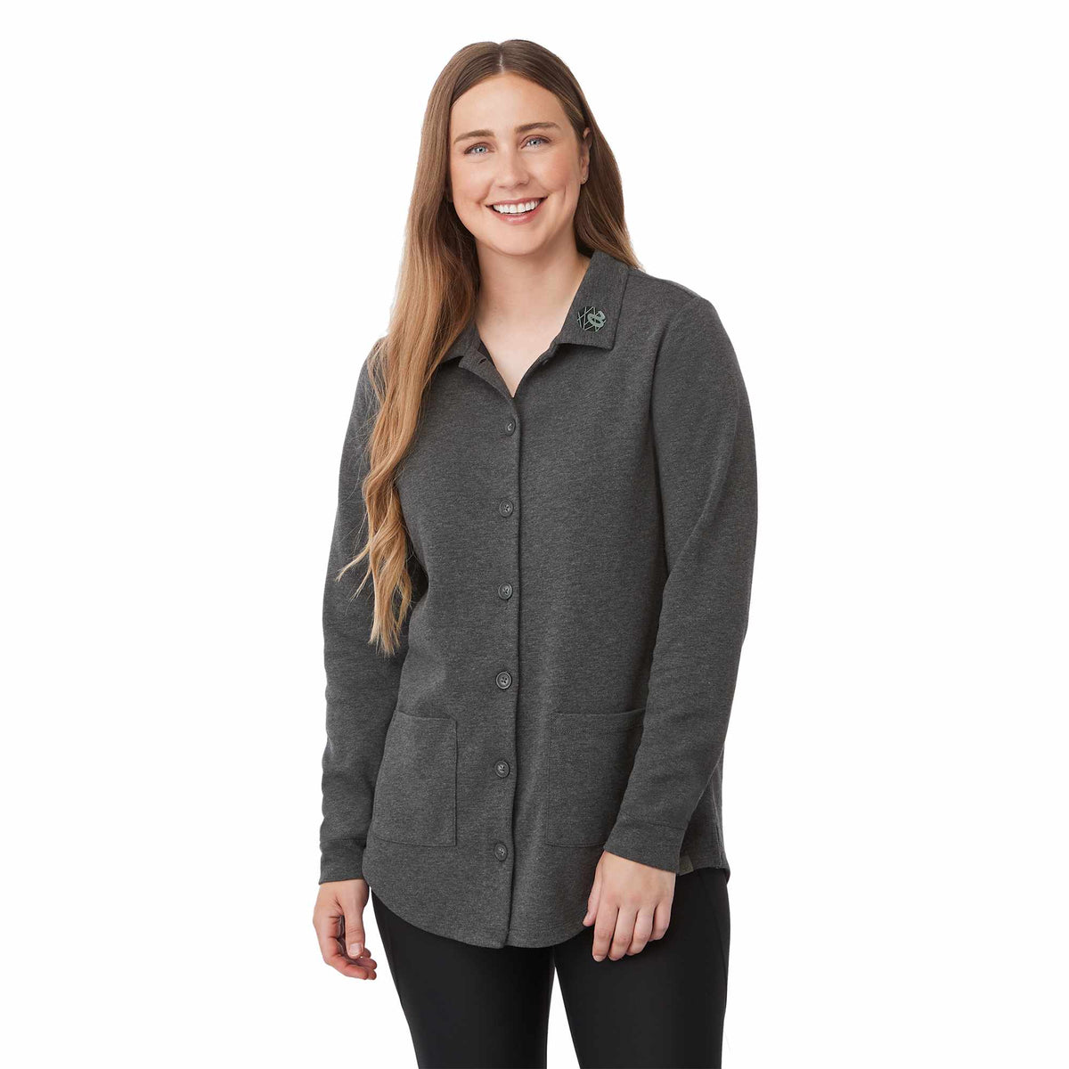Rigi Eco Knit Button Cardigan for Women Transfer - Heather Dark Charcoal - On Model Front 4