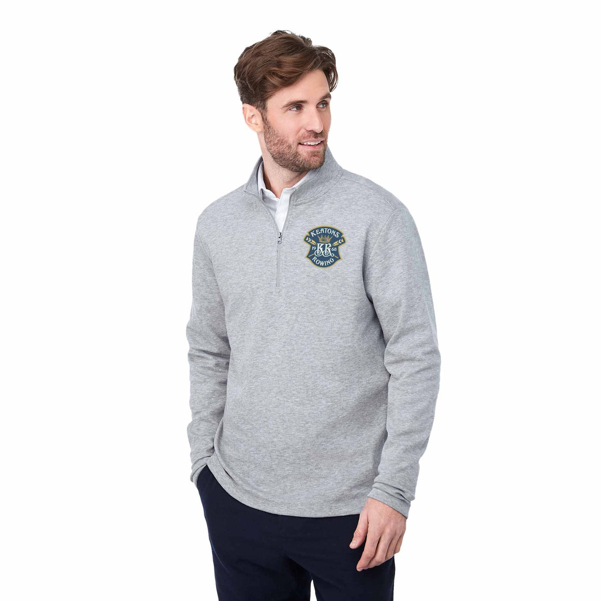 Rigi Eco Knit Quarter Zip for Men Transfer - Heather Grey - Left Angle On Model 2