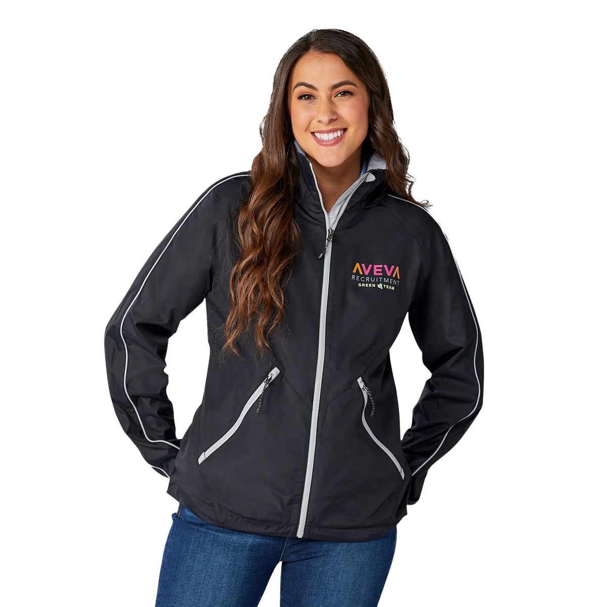 Rincon Packable Jacket with Recycled Content for Women Transfer - Black/Silver - Front On Model