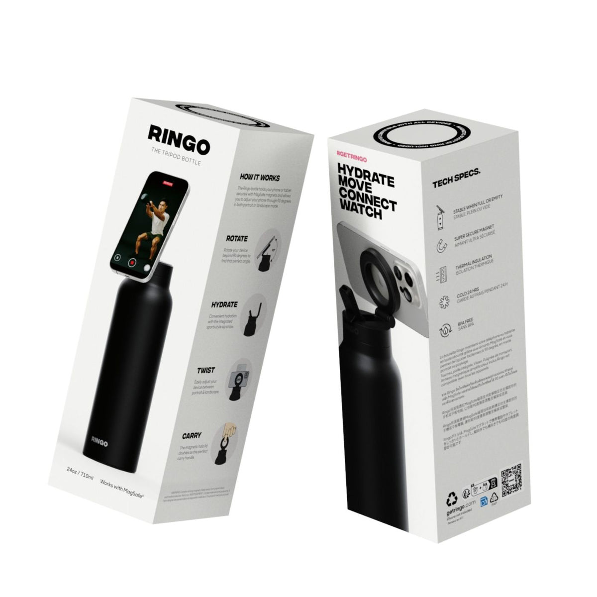 Ringo Pro Water Bottle with Magnetic Phone Ring, 24 oz Full Color - Black - View 5