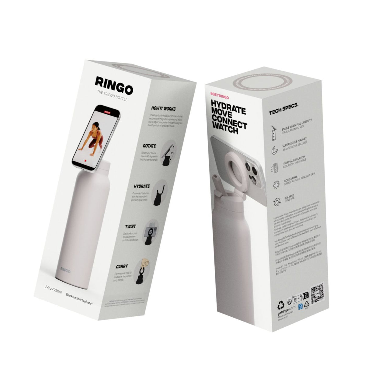 Ringo Pro Water Bottle with Magnetic Phone Ring, 24 oz Full Color - Ivory - View 12
