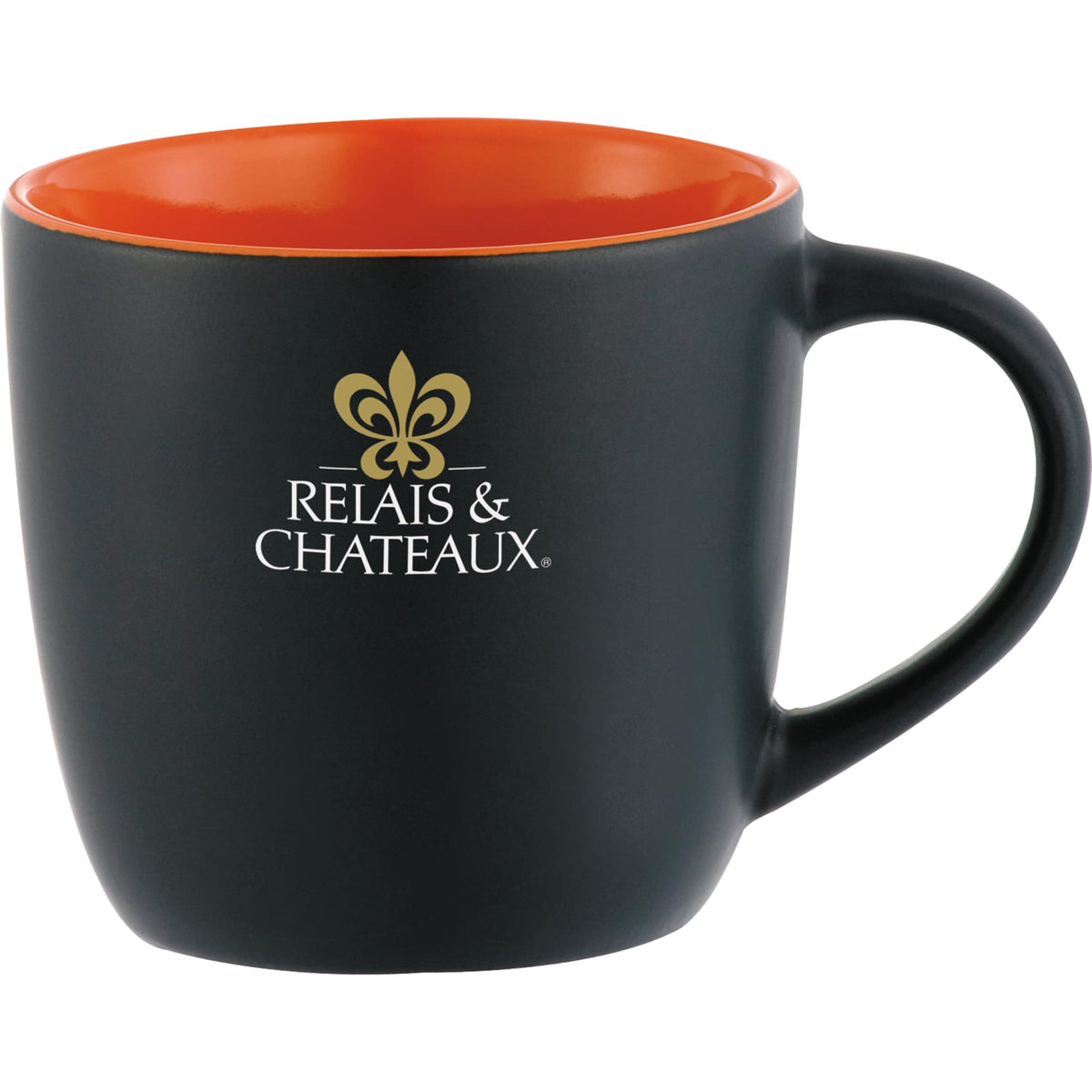 Riviera Electric Two Tone Ceramic Mug, 11 oz Laser Engraving - Black/Orange - Front