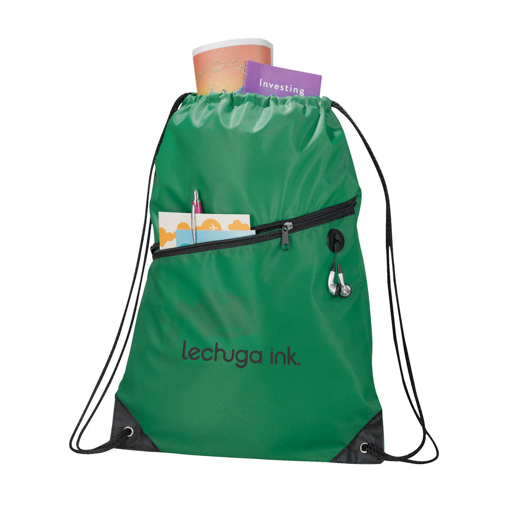 Robin Polyester Drawstring Bag with Earbud Port Full Color - Green - Front