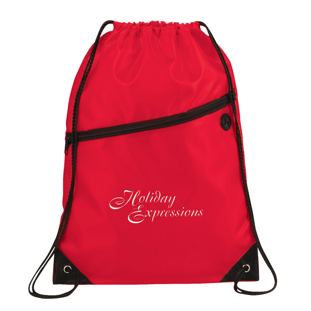 Robin Polyester Drawstring Bag with Earbud Port Full Color - RED - Front