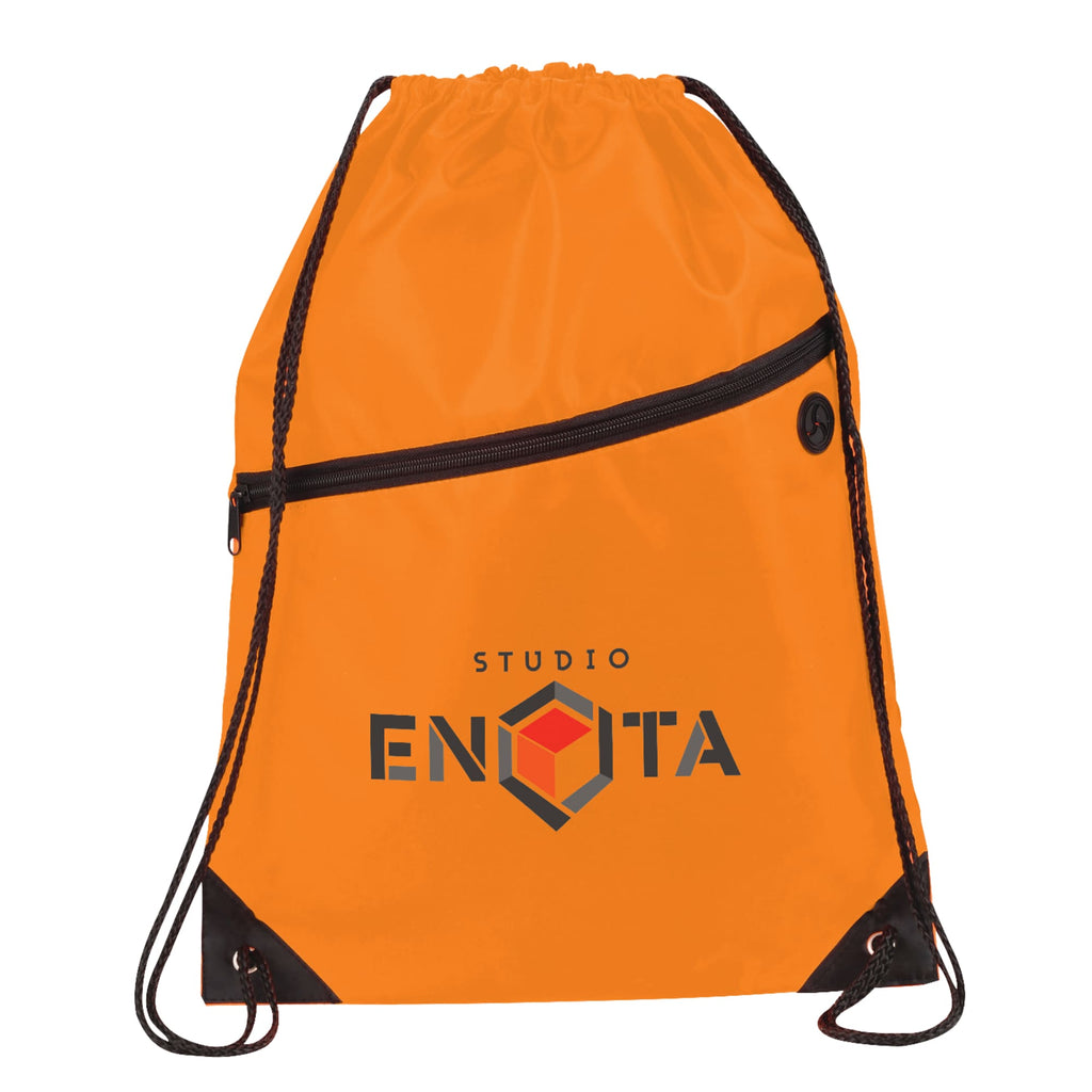 Robin Polyester Drawstring Bag with Earbud Port - Orange - Front