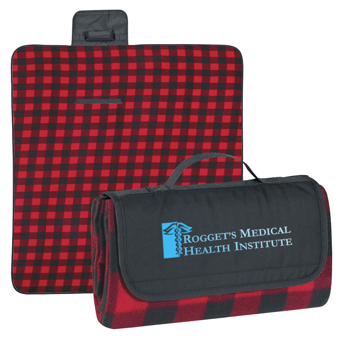 Roll-Up Picnic Blanket in Recycled PET Embroidery - Red/Black Plaid Blanket - Colorbrite