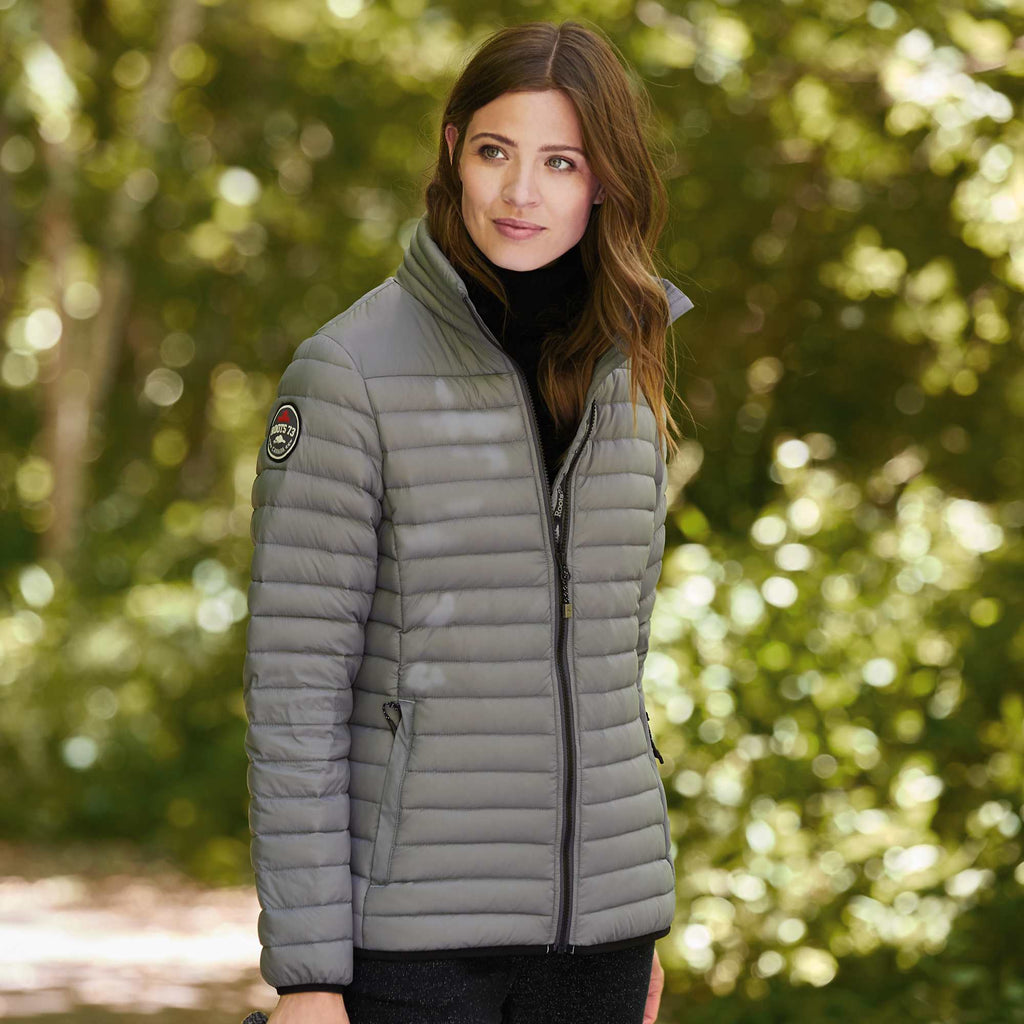 Roots73 Beechriver Lightweight Down Puffer Jacket for Women Embroidery - Quarry - On Model