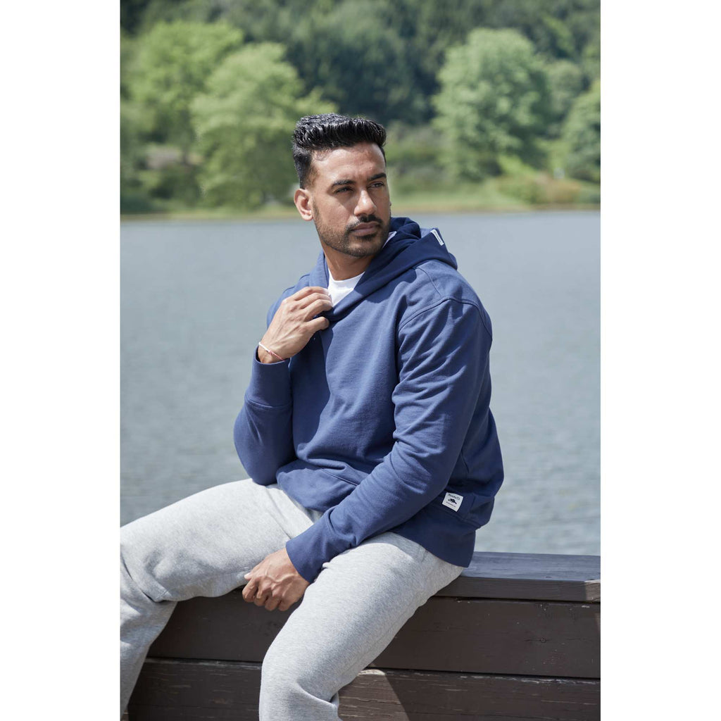 Roots73 Canmore Eco Pullover Hoodie, Unisex Embroidery - Indigo Blue - Left Angle On Model