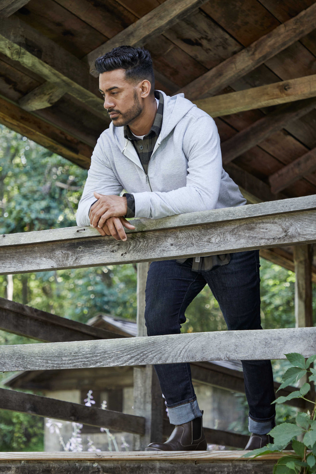 Roots73 Canmore Eco Quarter Zip Hoodie, Unisex Transfer - Grey Mix - Front On Model