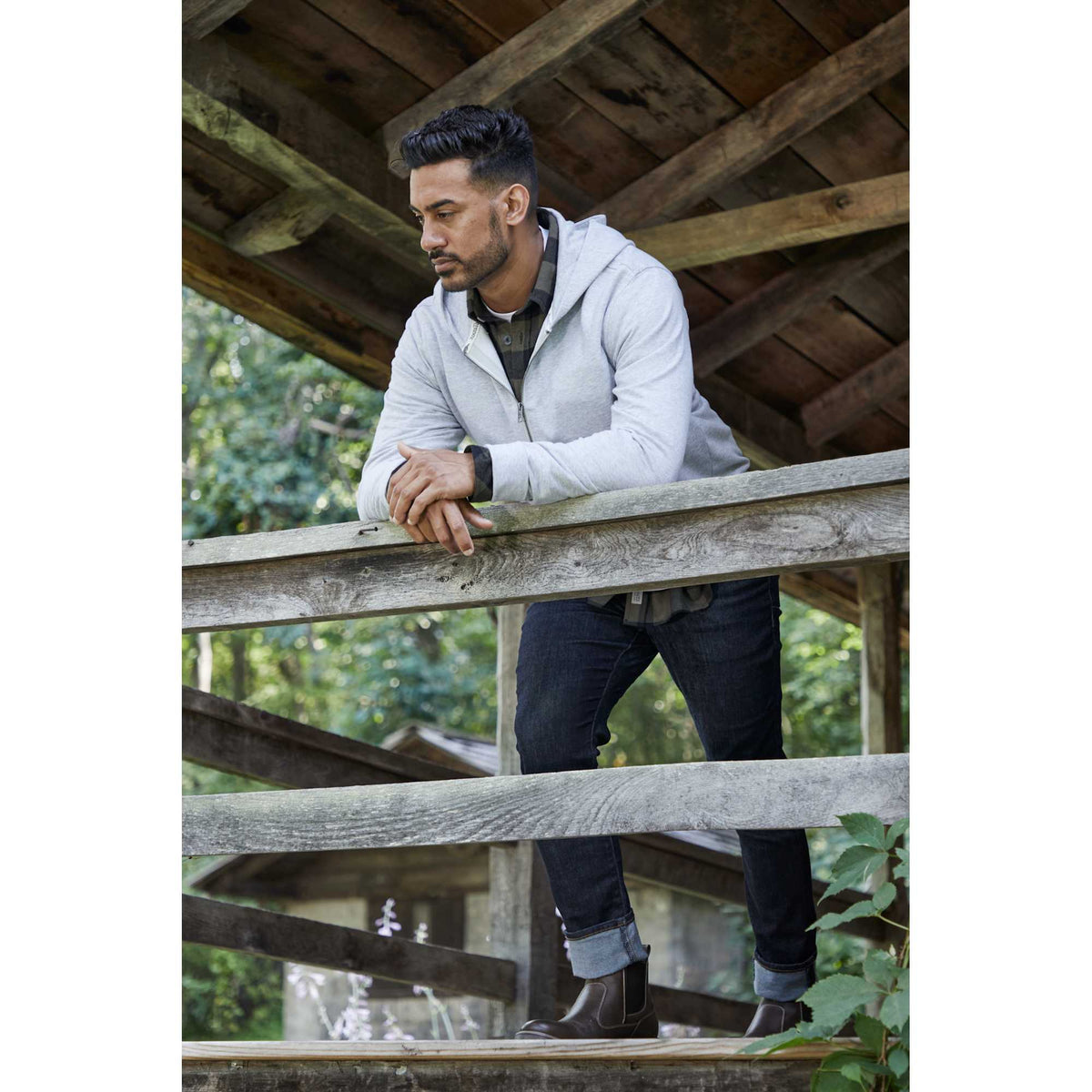 Roots73 Canmore Eco Quarter Zip Hoodie, Unisex Transfer - Grey Mix - Front On Model