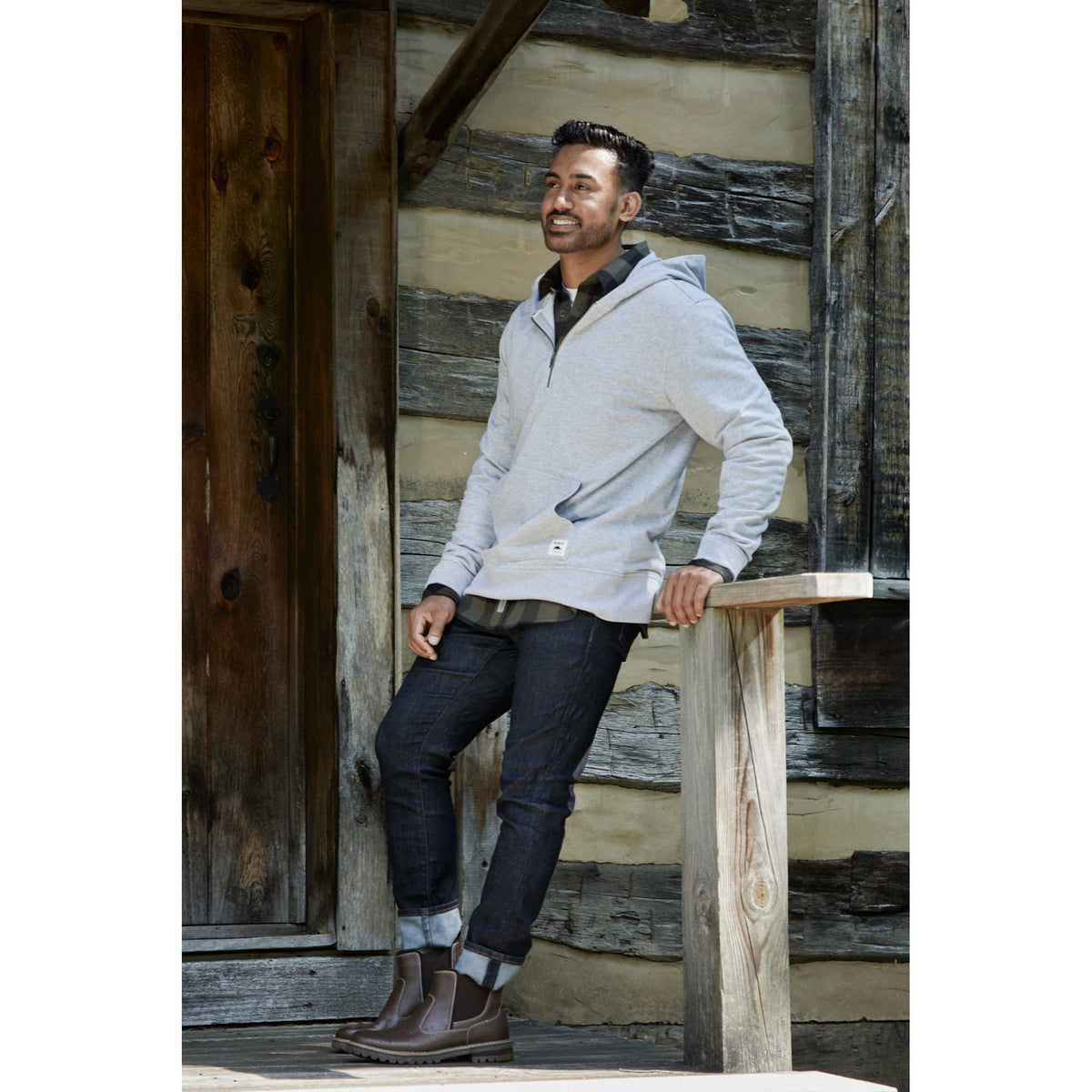 Roots73 Canmore Eco Quarter Zip Hoodie, Unisex Transfer - Grey Mix - Left Angle On Model