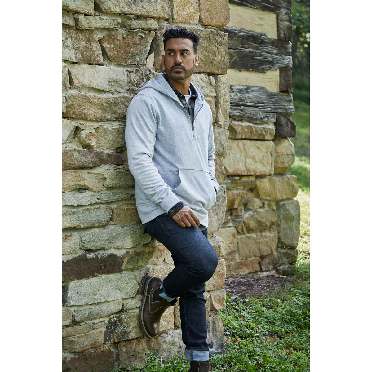 Roots73 Canmore Eco Quarter Zip Hoodie, Unisex Transfer - Grey Mix - Right Angle On Model 3