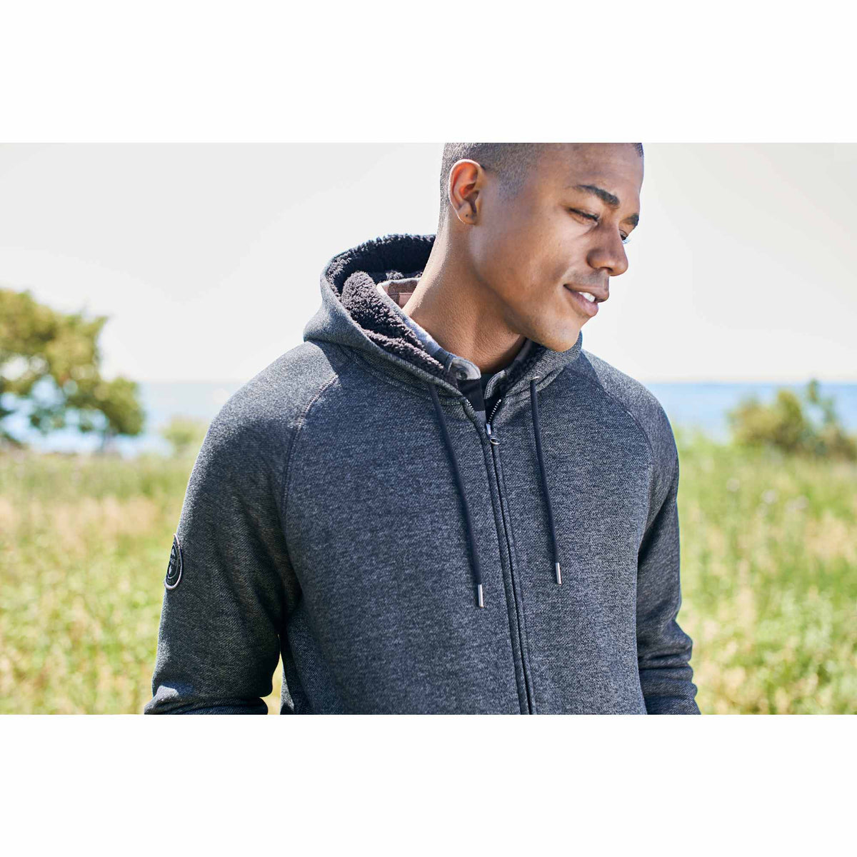 Roots73 Copperbay Sherpa Lined Full Zip Hoodie for Men Transfer - Black Mix - On Model 2