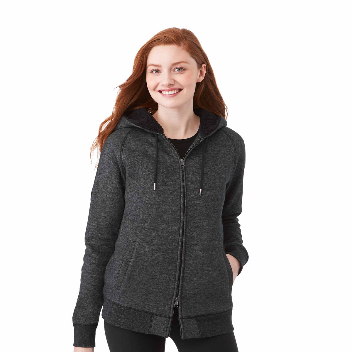 Roots73 Copperbay Sherpa Lined Full Zip Hoodie for Women Transfer - Black Mix - Front On Model 2
