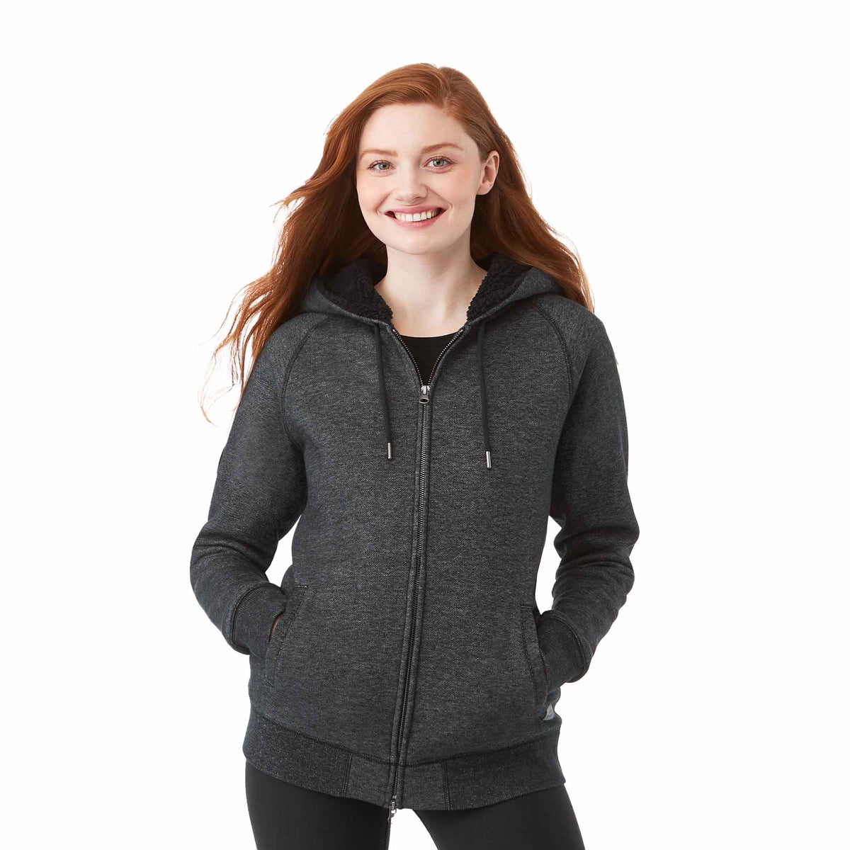 Roots73 Copperbay Sherpa Lined Full Zip Hoodie for Women Transfer - Black Mix - Front On Model