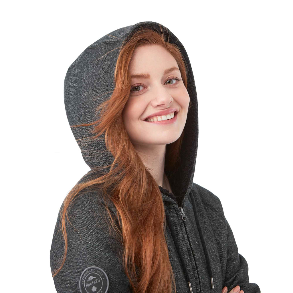 Roots73 Copperbay Sherpa Lined Full Zip Hoodie for Women Transfer - Black Mix - Left Angle On Model