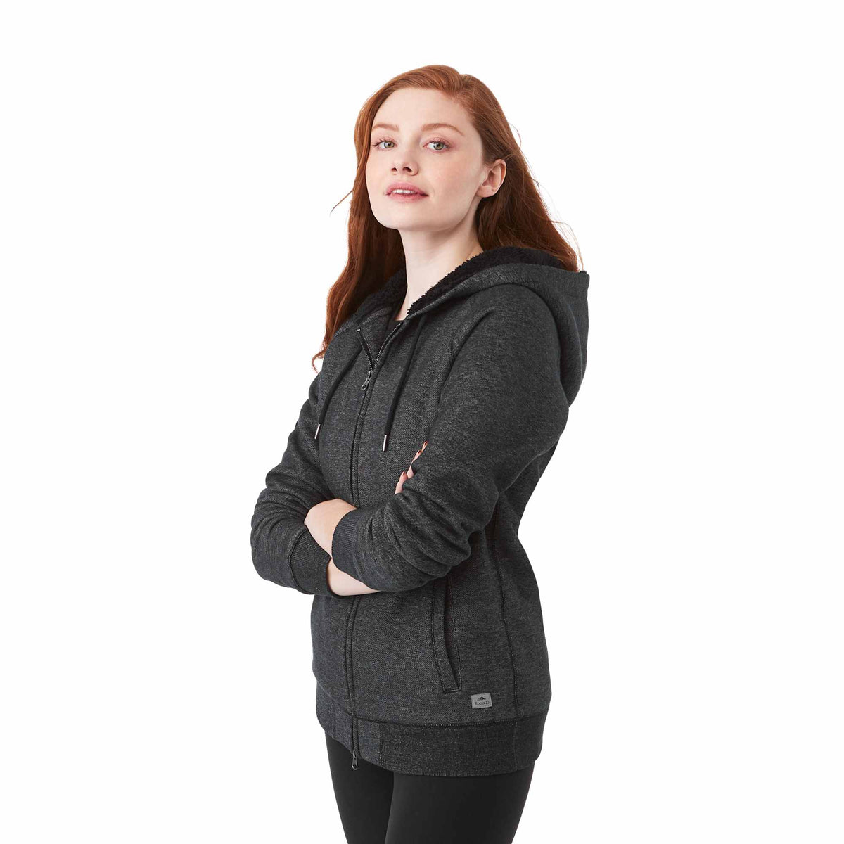 Roots73 Copperbay Sherpa Lined Full Zip Hoodie for Women Transfer - Black Mix - Right Angle On Model