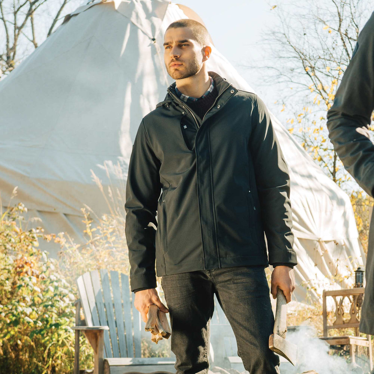 Roots73 Elkpoint Softshell Jacket with Detachable Hood for Men Laser Engraving - Black - On Model