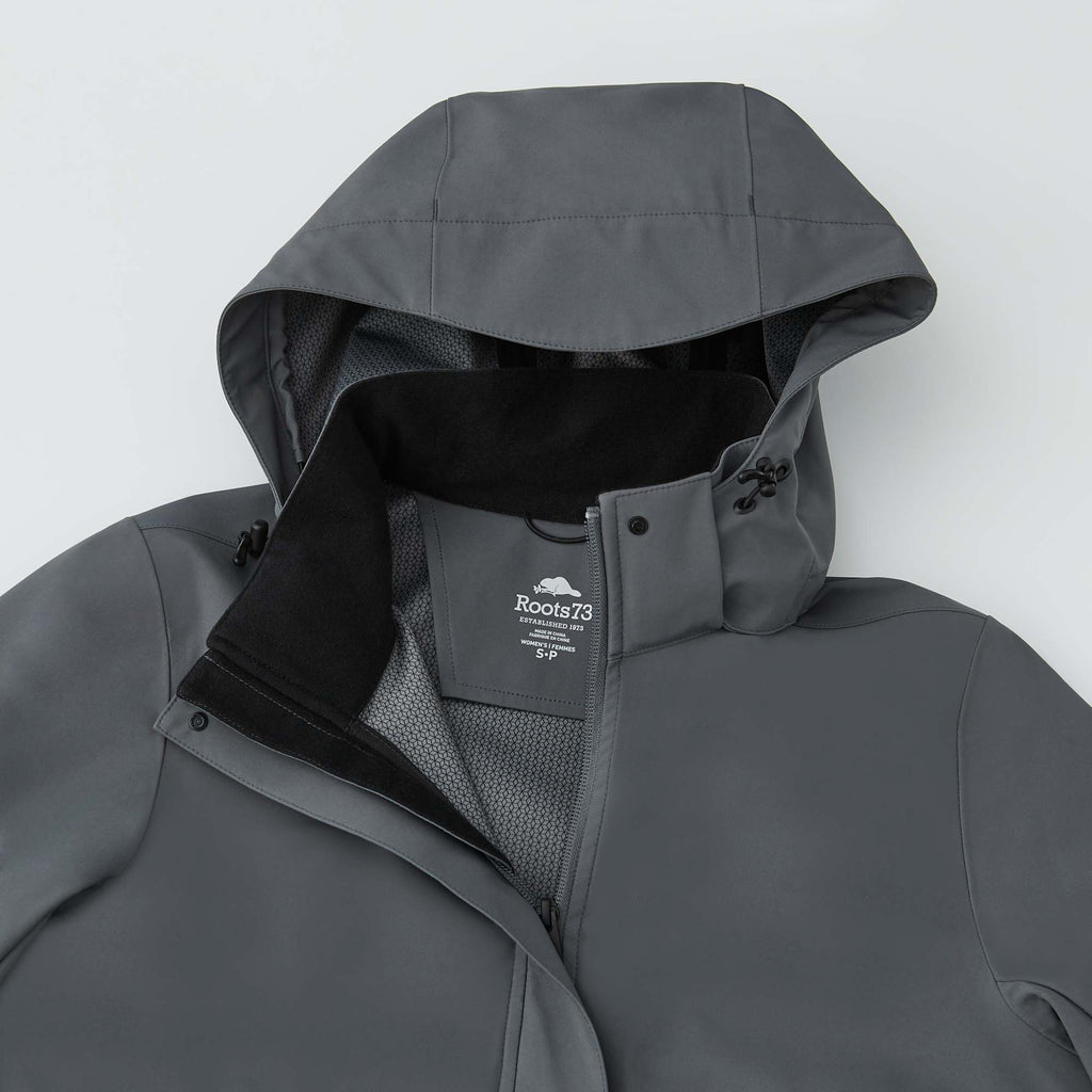Roots73 Napanee Long Recycled Softshell Jacket for Women Transfer - Charcoal - Detail Hood