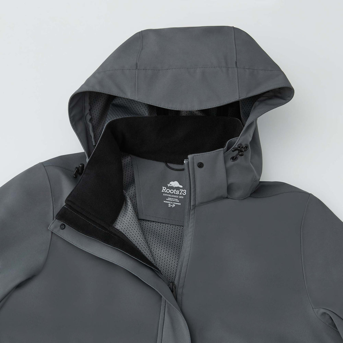 Roots73 Napanee Long Recycled Softshell Jacket for Women Transfer - Charcoal - Detail Hood