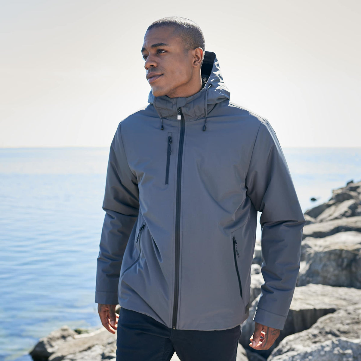 Roots73 Rockglen Sherpa Lined Waterproof Jacket for Men Debossing - Charcoal - On Model 3