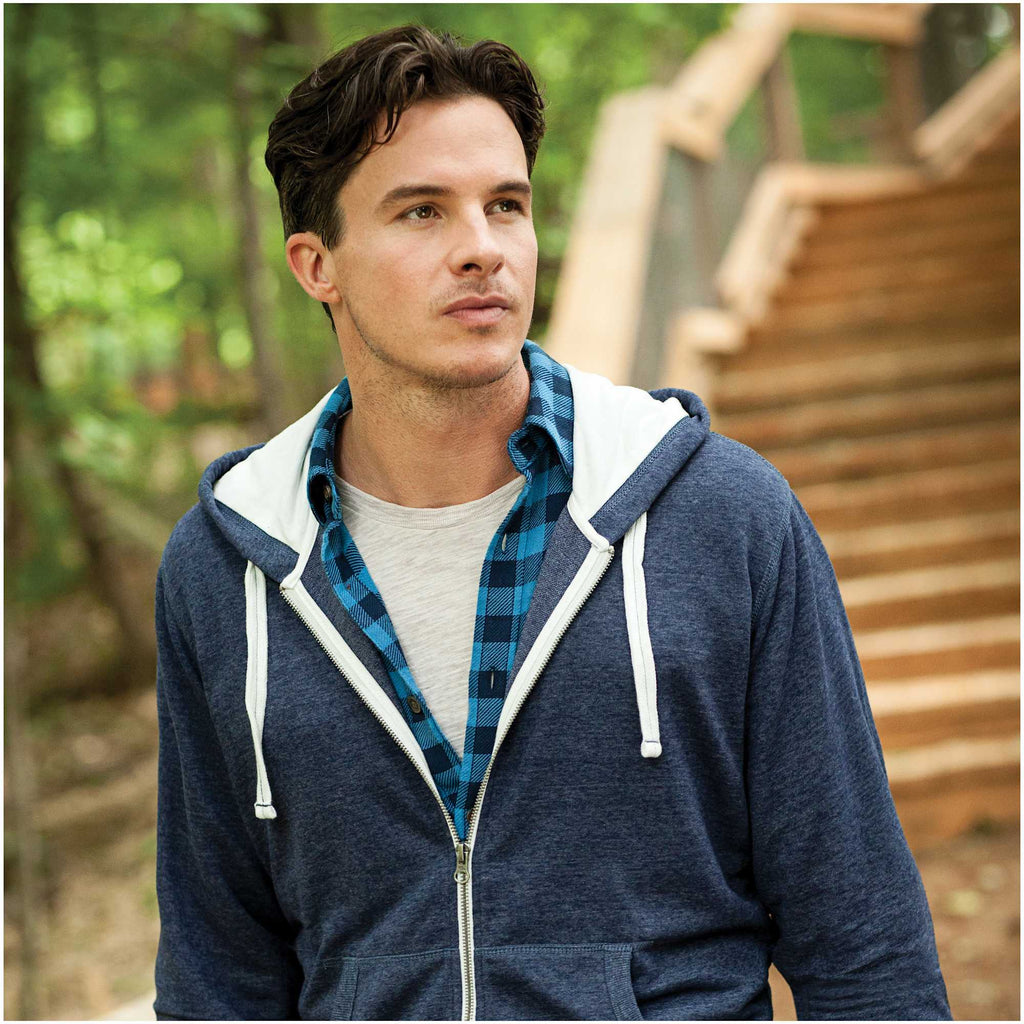 Roots73 Sandylake French Terry Full Zip Hoodie for Men Transfer - Ink Blue Heather - On Model